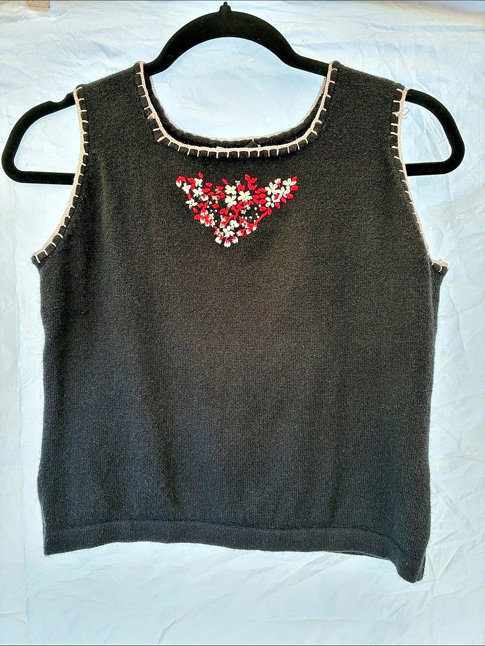 Vintage Knit Floral Embroidered Black Tank Top Size 8P